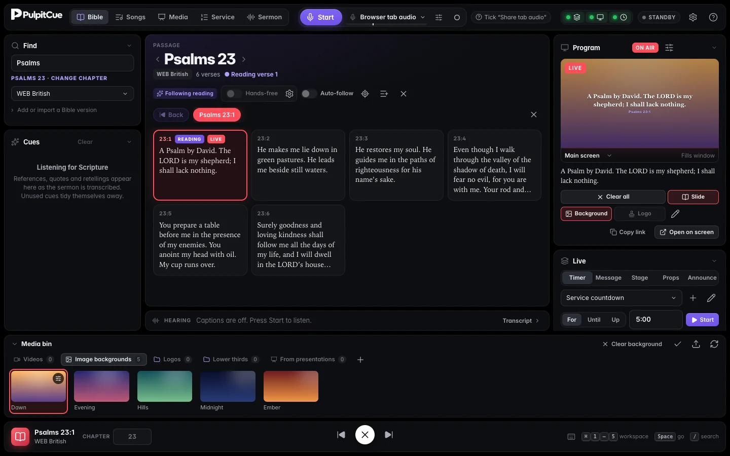 The media bin open on the Image backgrounds tab showing five gradient backgrounds; Dawn is selected and appears behind Psalm 23:1 in the Program preview.