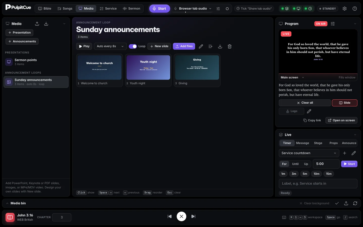 An announcement loop called Sunday announcements with three slides, auto-advance every 8 seconds and the Loop switch on.
