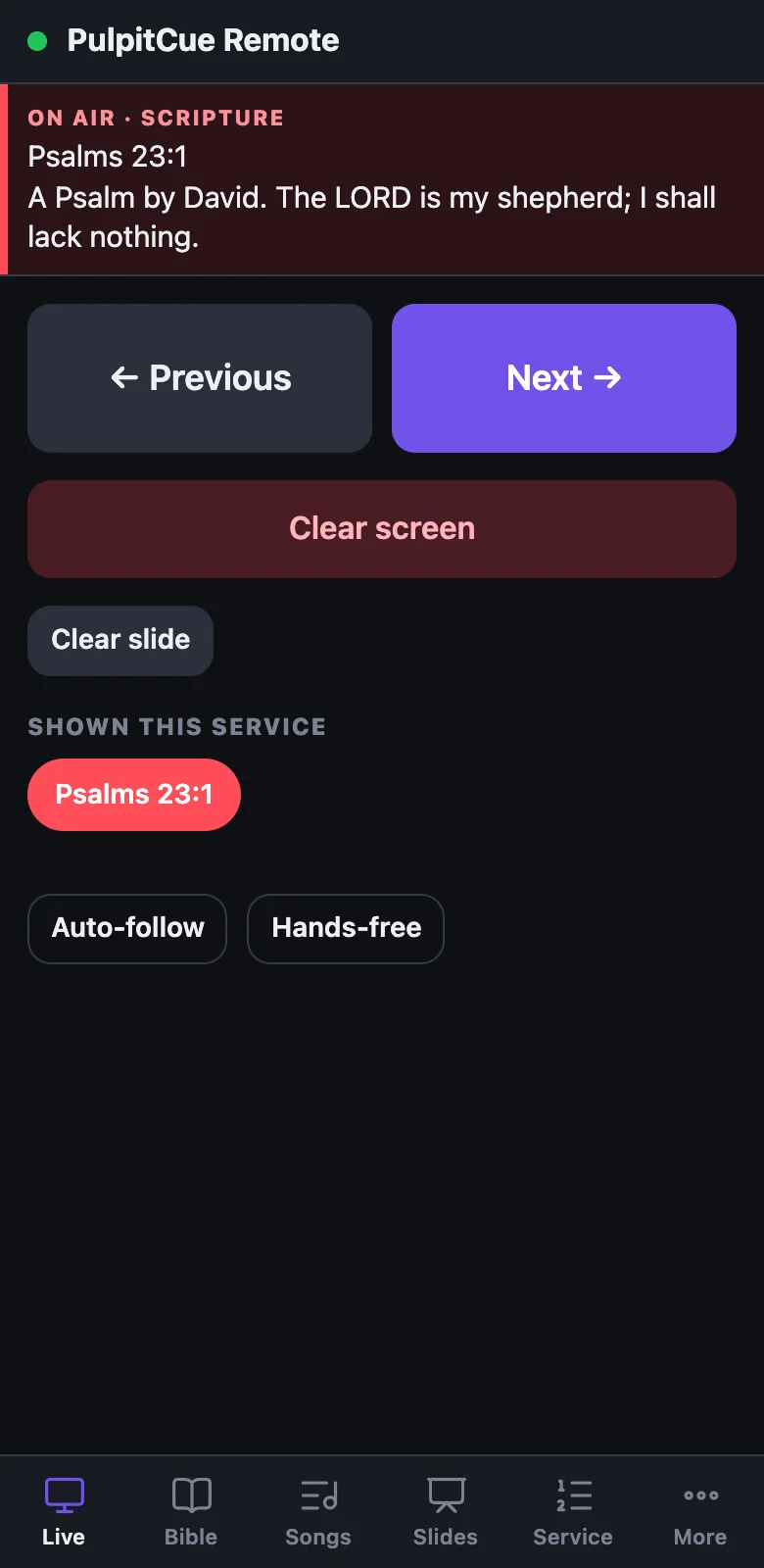 The PulpitCue Remote web page on a phone, with Previous and Next buttons and the current passage.