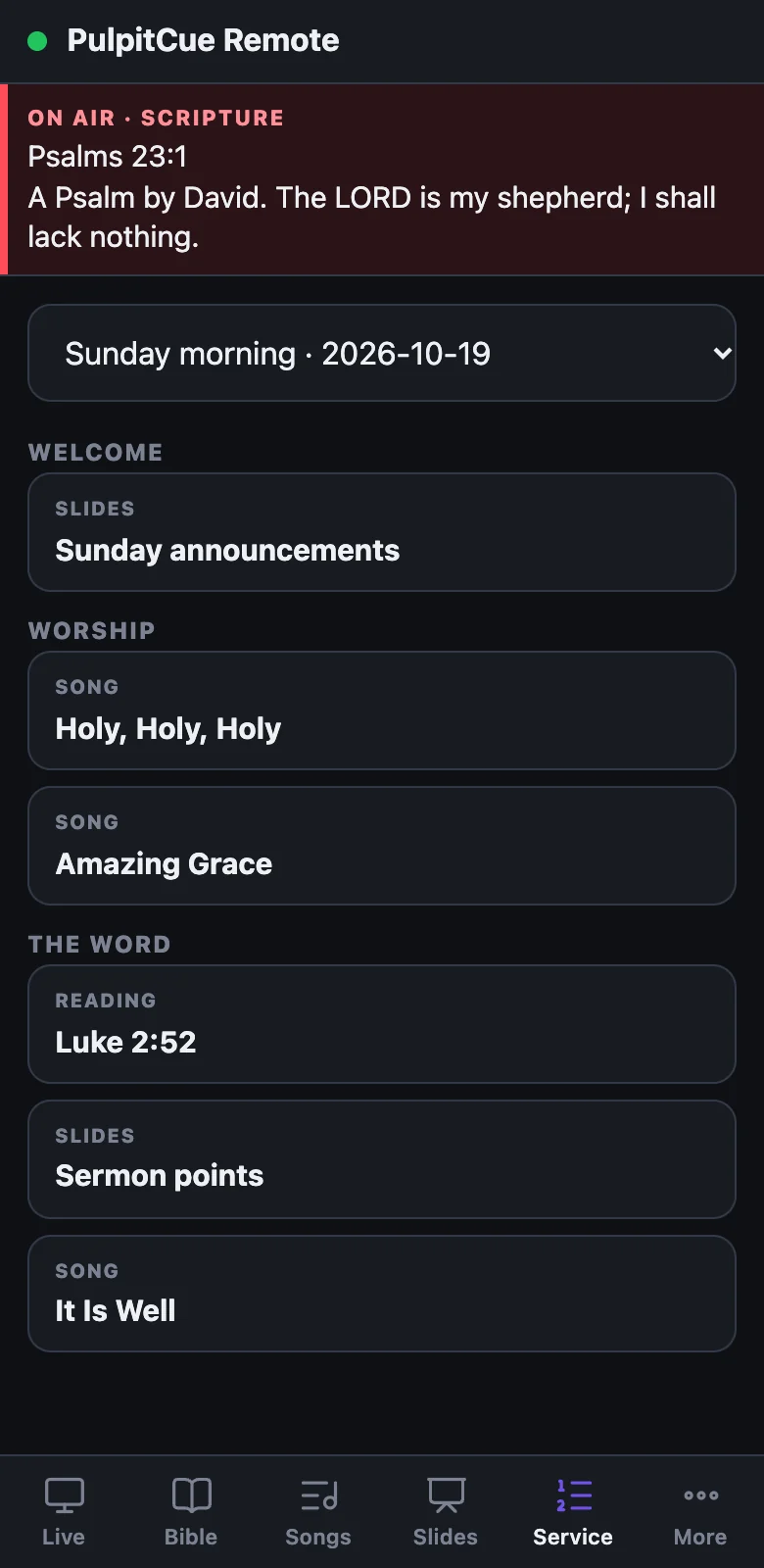 The Service tab of the remote listing the running order for Sunday morning.