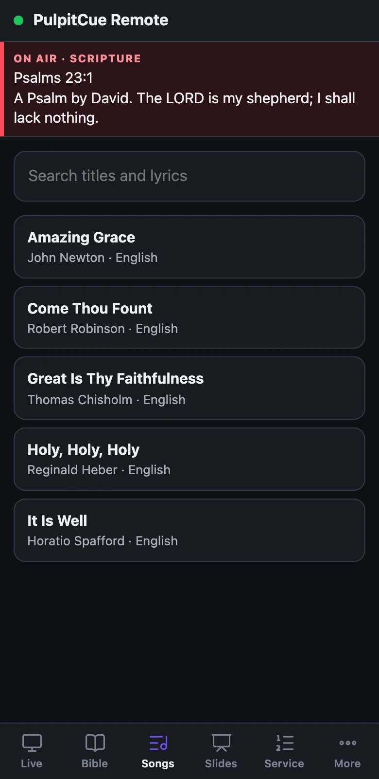 The Songs tab of the remote with a search box and a list of songs.