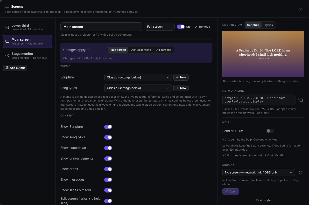 The Screens dialog with the three outputs listed on the left and styling controls for Main screen with a live preview on the right.