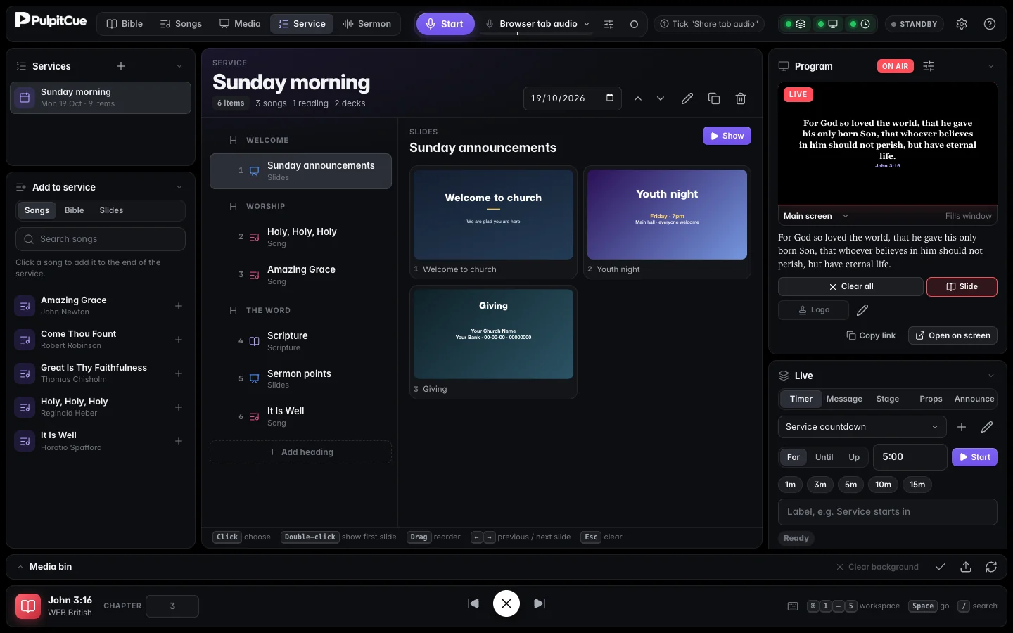 The PulpitCue service planner showing a Sunday morning running order of songs, readings and slides.