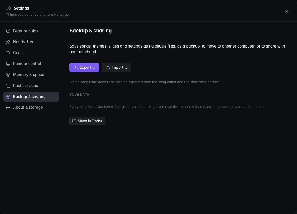 The Backup and sharing page with export and import buttons for songs, themes, decks, library and setup.