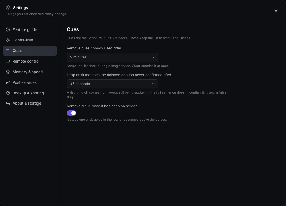 The Cues page in Settings with options for how long cues are kept and how long an unconfirmed draft cue lasts.