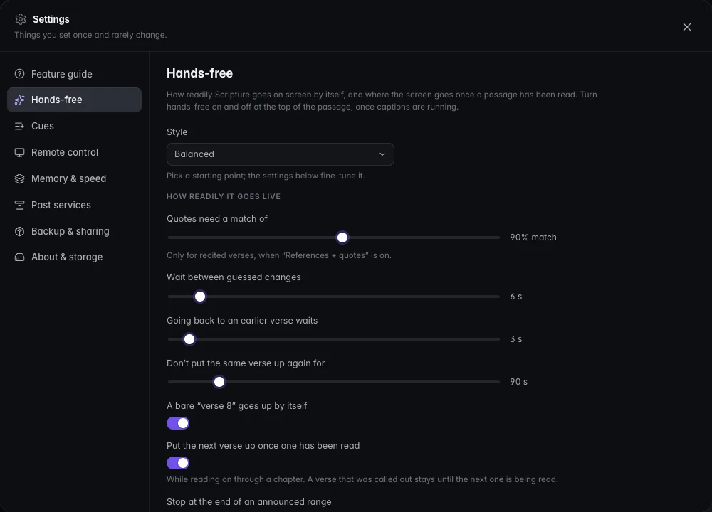 The Hands-free page in Settings, with a style menu and sliders for how readily Scripture goes live.