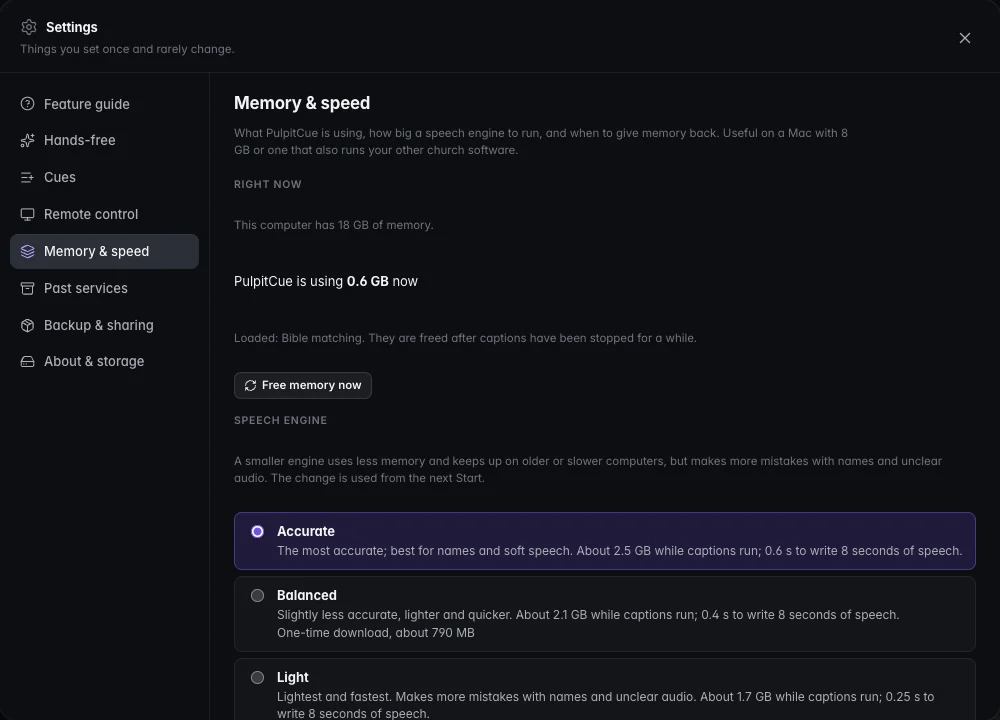 The Memory and speed page showing current memory use, a Free memory now button and three speech engine sizes: Accurate, Balanced and Light.
