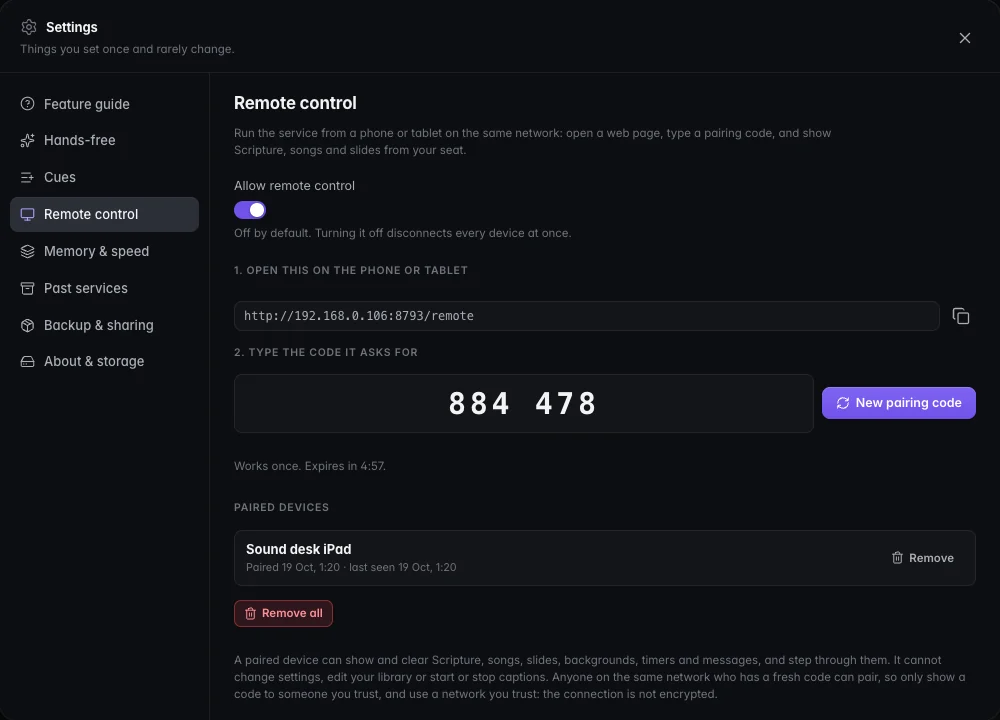 Settings, Remote control: the Allow remote control switch is on, the page address and a six-digit pairing code are shown, and one paired device named Sound desk iPad is listed.