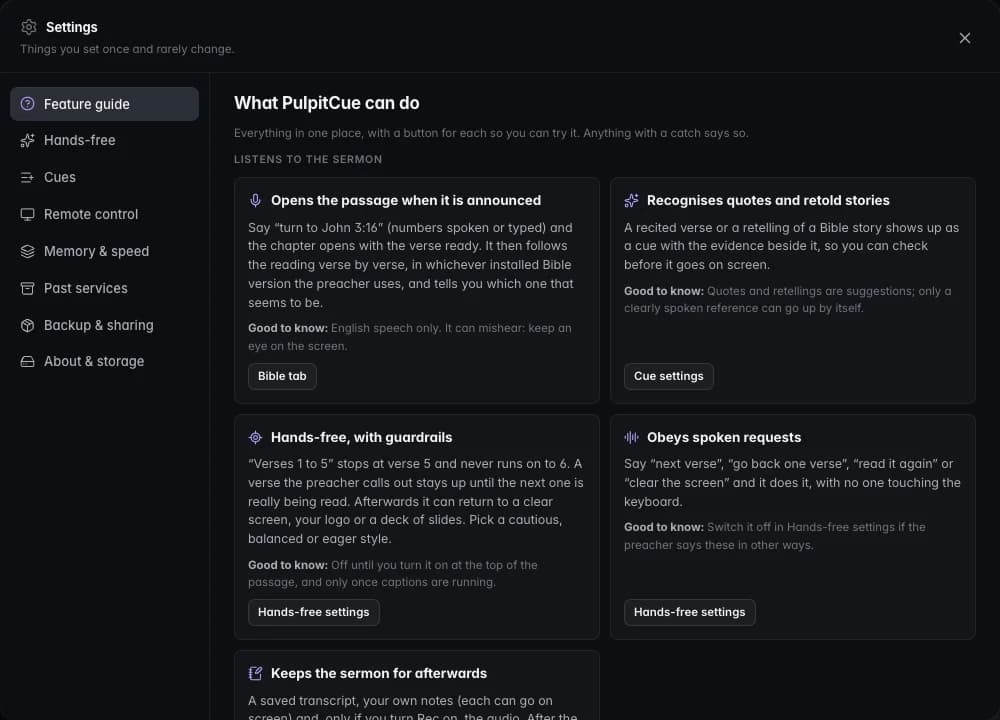 The Settings dialog open on the Feature guide, a list of capabilities with a Good to know note and a button to try each.