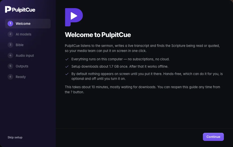 The first screen of the PulpitCue setup guide, listing six steps from Welcome to Ready.