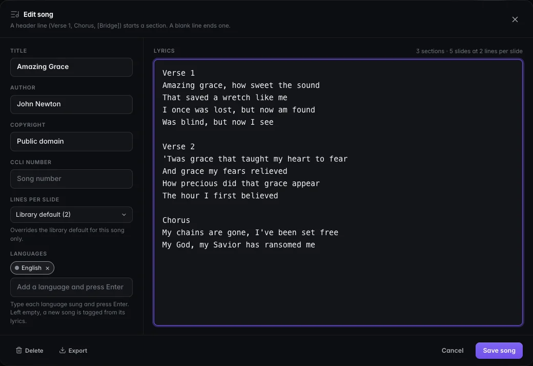 The song editor with title, author, copyright, CCLI, lines per slide and language tags on the left and the lyrics on the right.